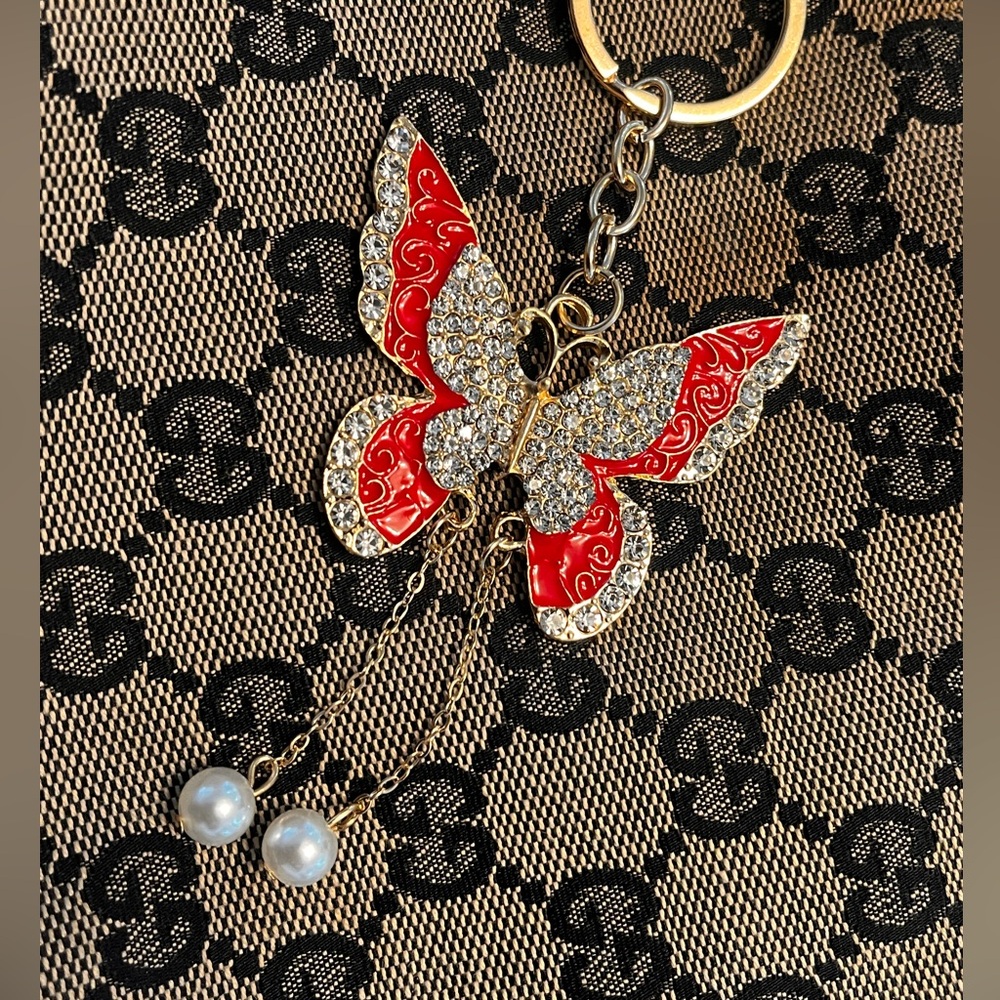 Butterfly Gold and Pearl Bag Charm Keychain with Red Enamel & Shiny Rhinestones